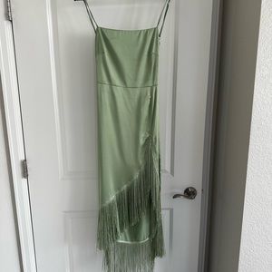 Sage, fringe, satin maxi dress from 12th Tribe